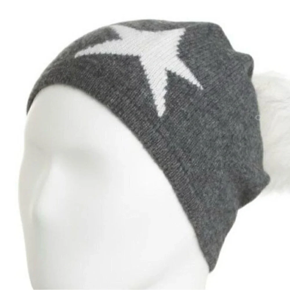 Hannah‎ Rose 100% Cashmere Beanie Graphite Off-White Star Fur Pom New No Tag